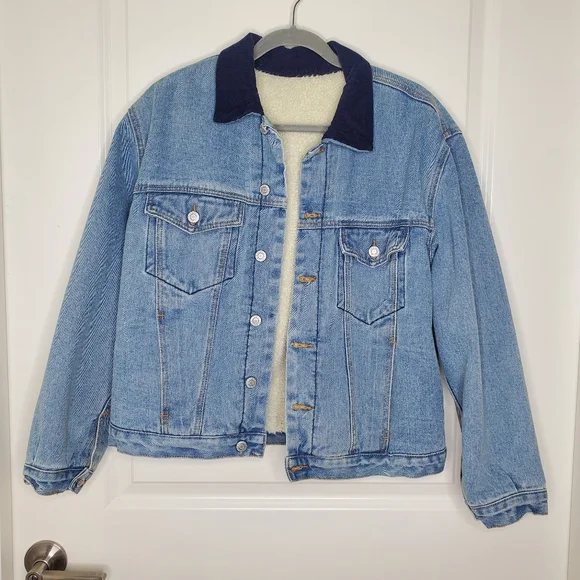 Brandy Melville John Galt Blue Medium Wash Corduroy Collar Sherpa Denim Jacket - Picture 3 of 9